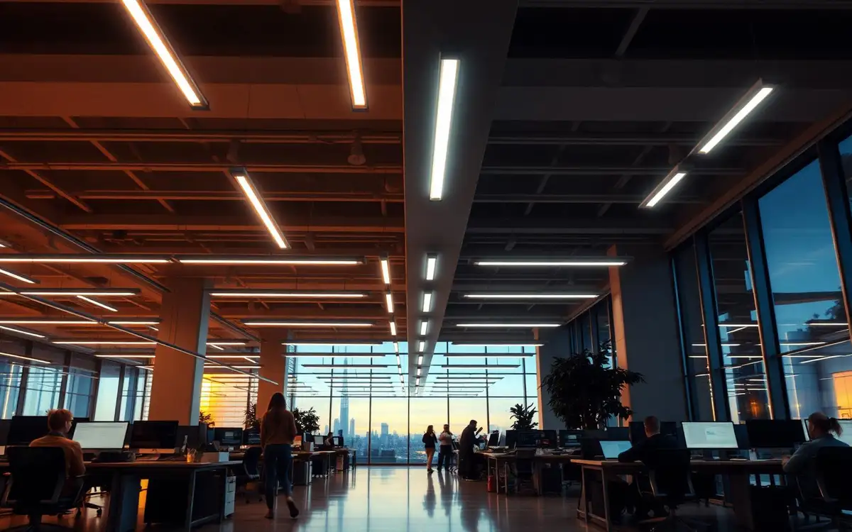 Open-plan office with zoned intelligent lighting at dusk