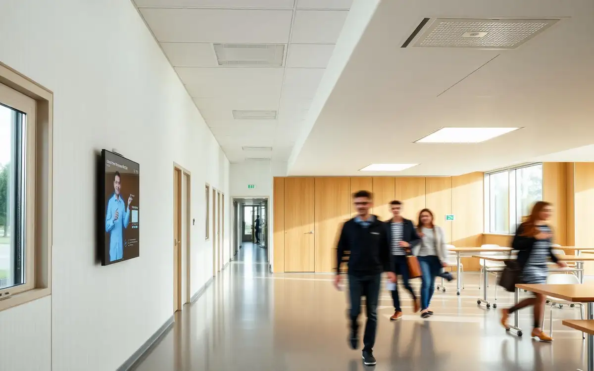 School corridor with interactive screen