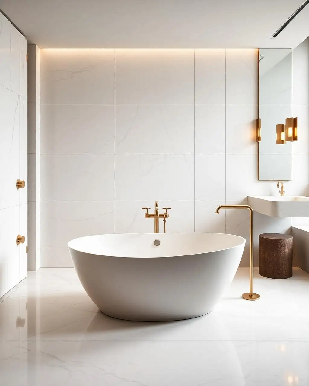 Modern bathroom with large-format stone tiling and a wall-hung vanity