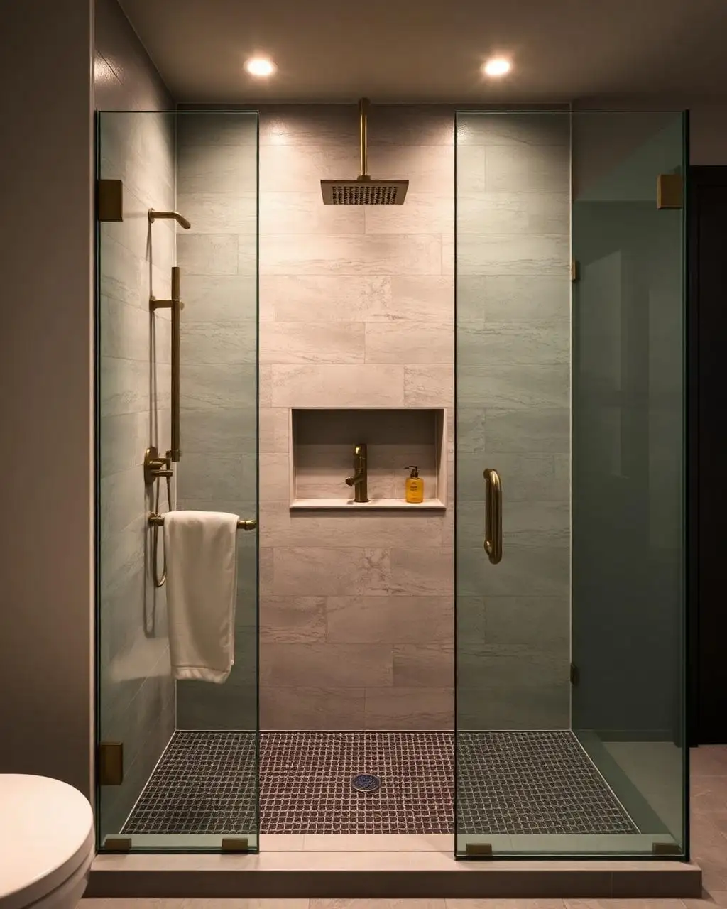 Large-format marble-effect porcelain tiles being set on a bathroom wall by a tiler