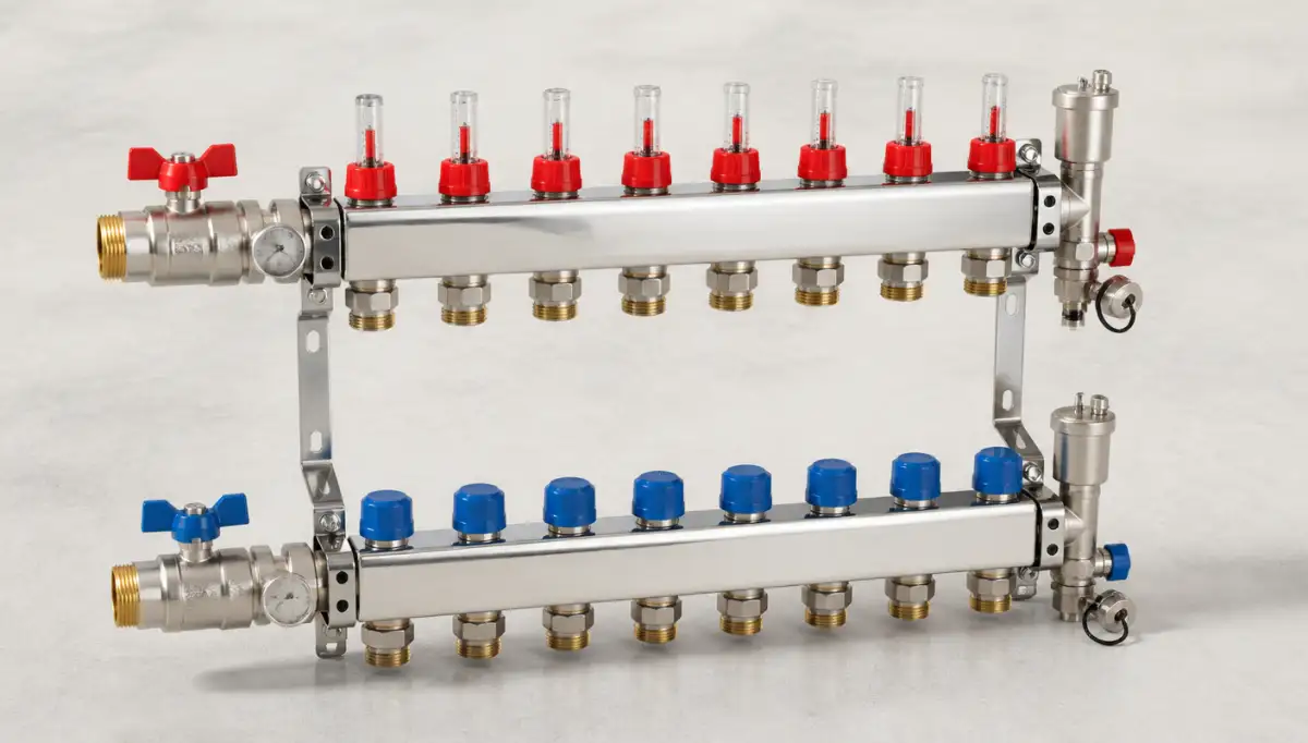 Manifolds — Rows of white underfloor heating pipes laid on insulation panels before screeding