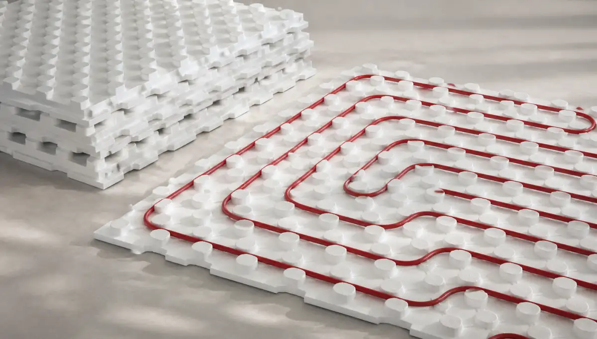 Insulation & Panels — Rows of white underfloor heating pipes laid on insulation panels before screeding