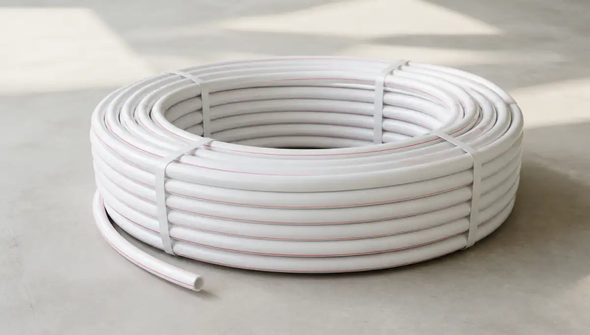 Pipes — Rows of white underfloor heating pipes laid on insulation panels before screeding