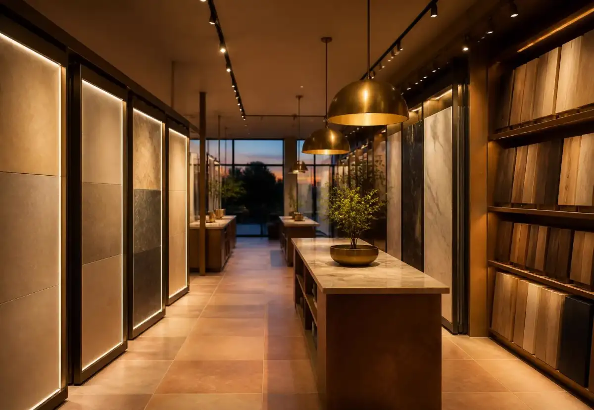 Materials franchise store interior with backlit tile panels and sample shelving