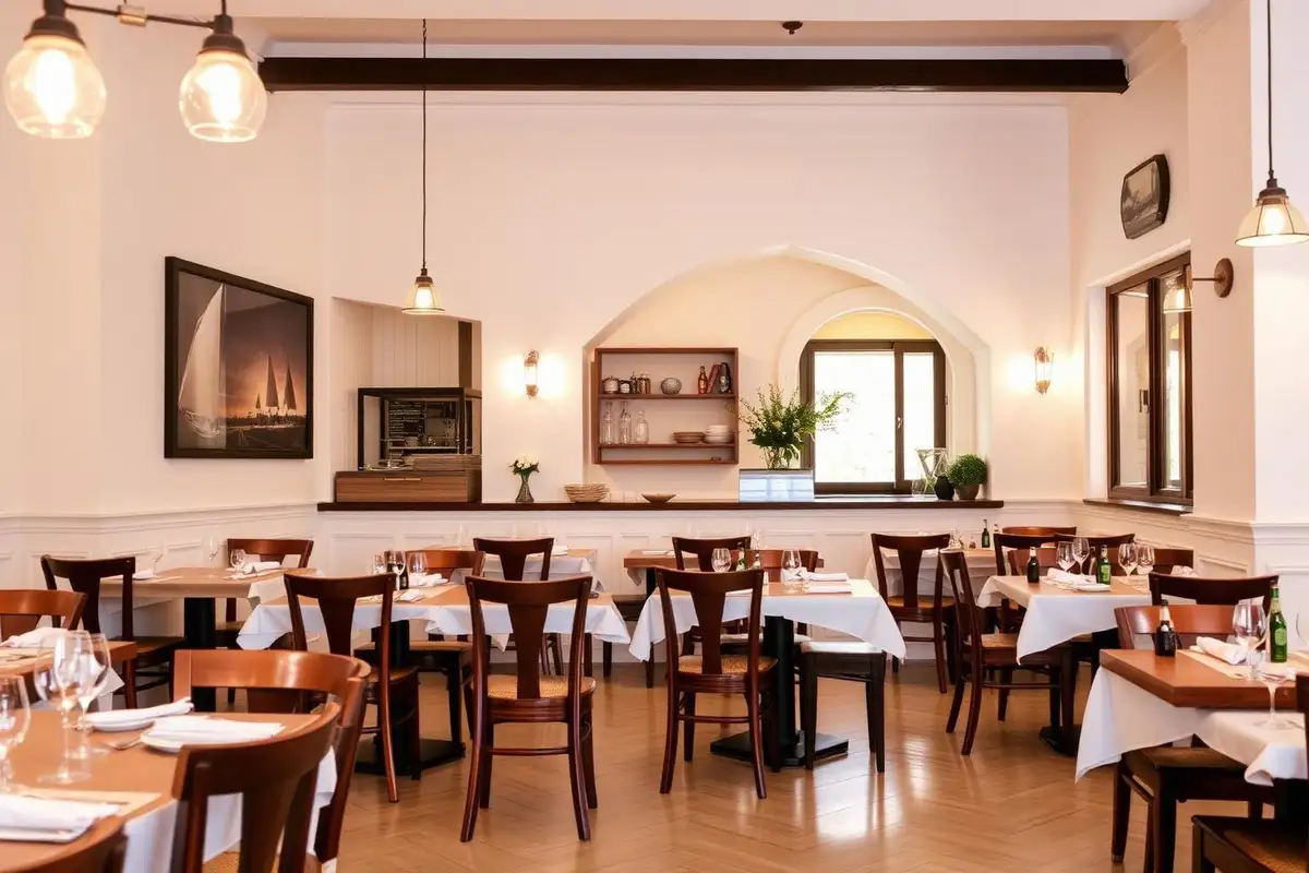 Restaurant interior with bar counter and pendant lighting