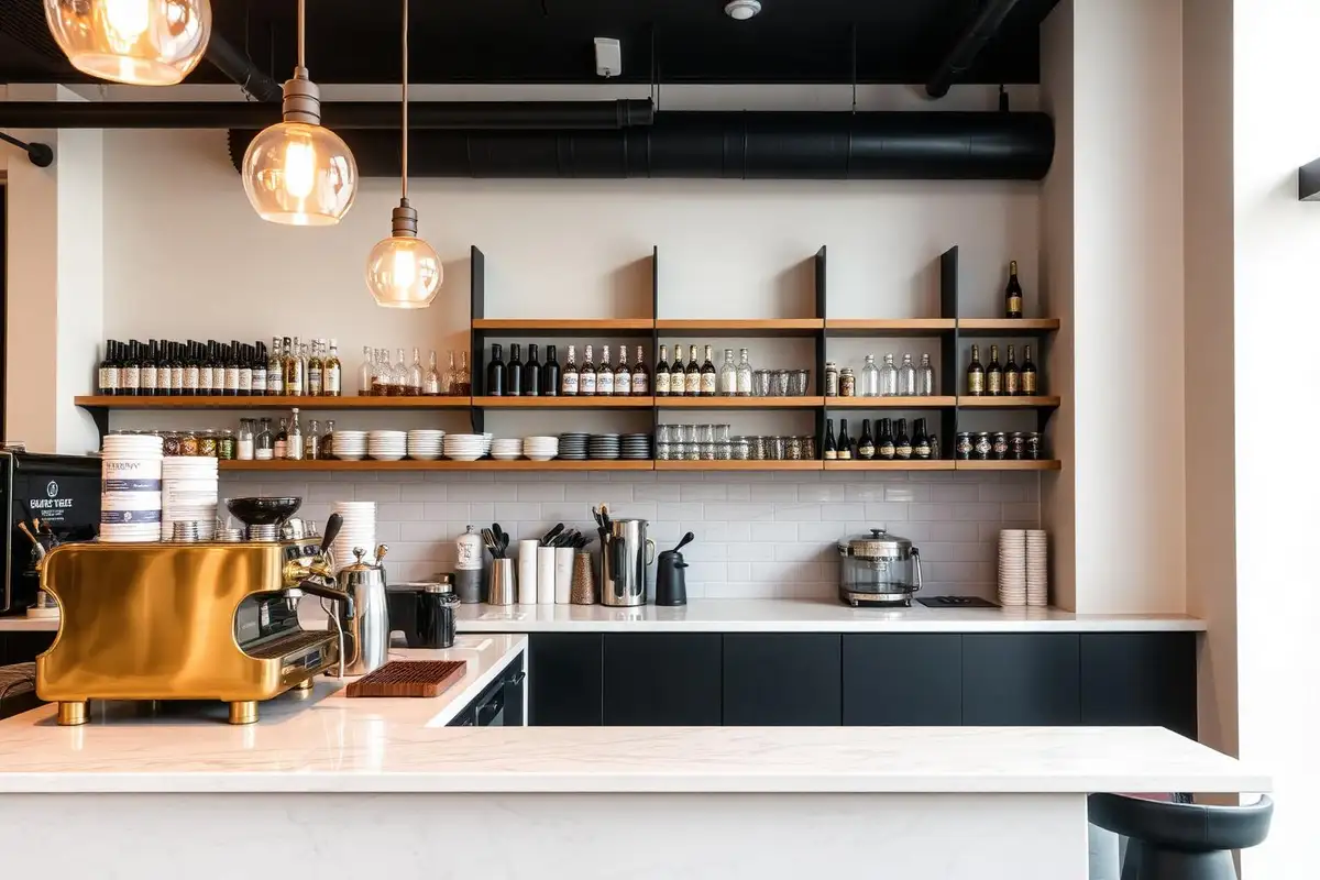Stainless steel commercial kitchen cook line with extraction hoods and hygienic wall panels