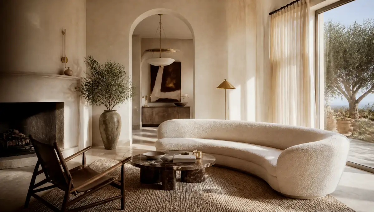 Warm residential living room with plaster walls and layered brass lighting