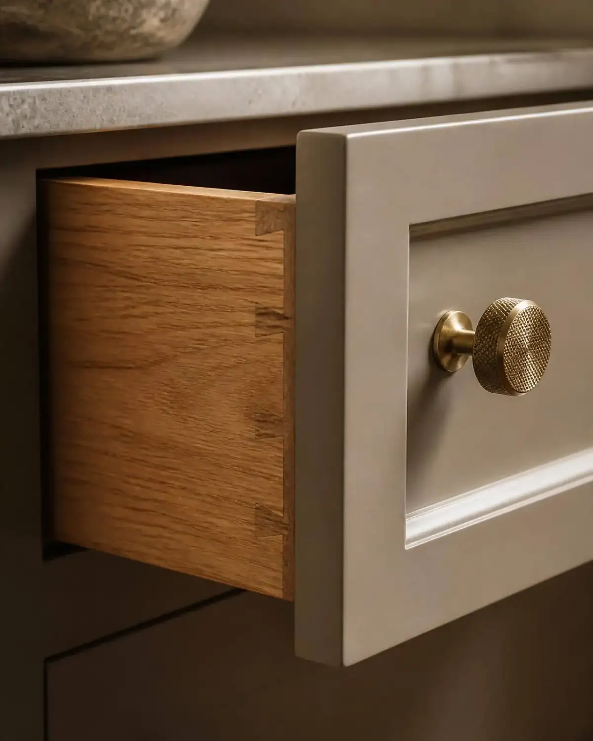 Handmade kitchen detail: solid oak dovetailed drawer box behind a hand-painted framed door with a knurled brass knob