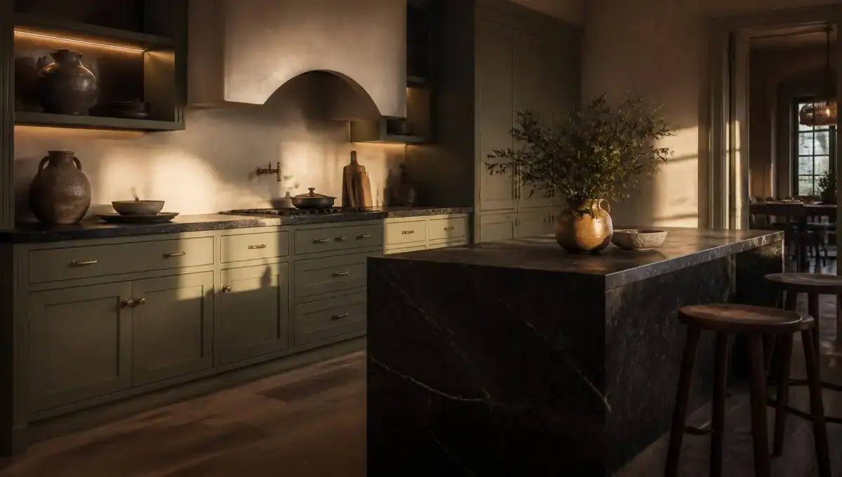 Handmade kitchen with hand-painted cabinetry, dark marble island and brass hardware