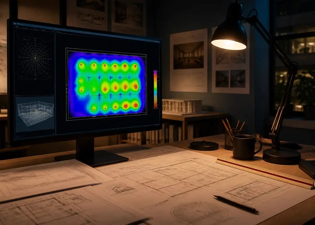 Lighting designer's desk with a false-colour lux calculation on screen and reflected ceiling plans