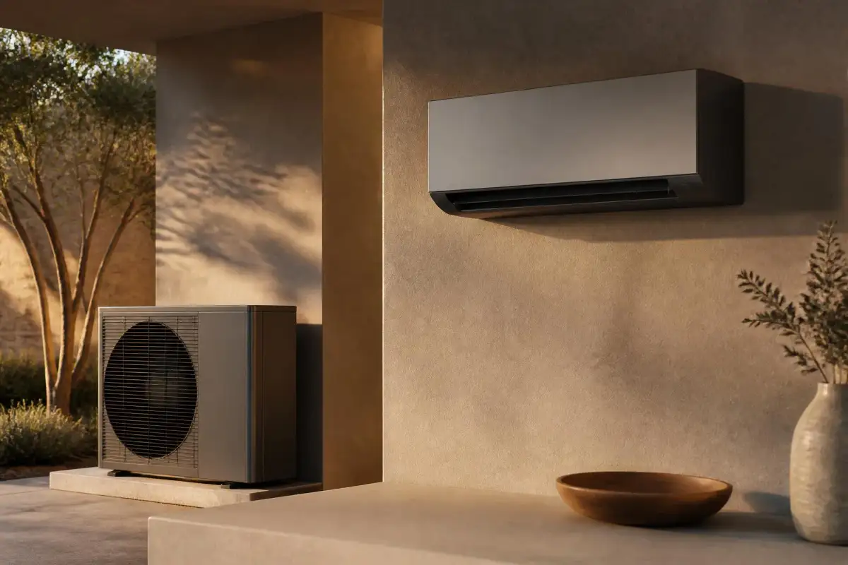 Wall-mounted inverter air conditioner and outdoor heat pump unit on a warm minimal terrace
