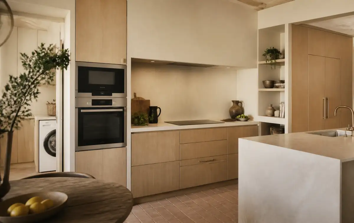 Built-in oven and induction hob installed in a modern kitchen cabinet run