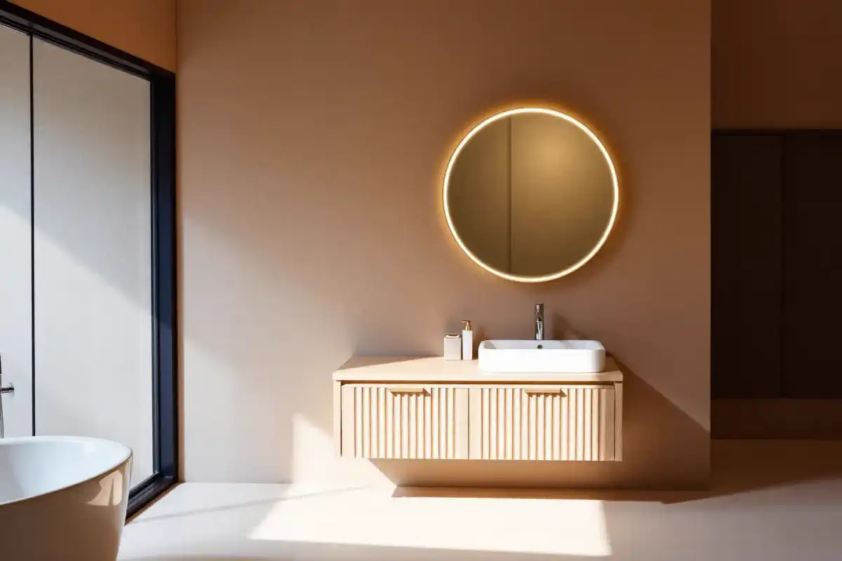 Floating oak bathroom vanity with fluted drawers, solid surface basin and backlit round mirror