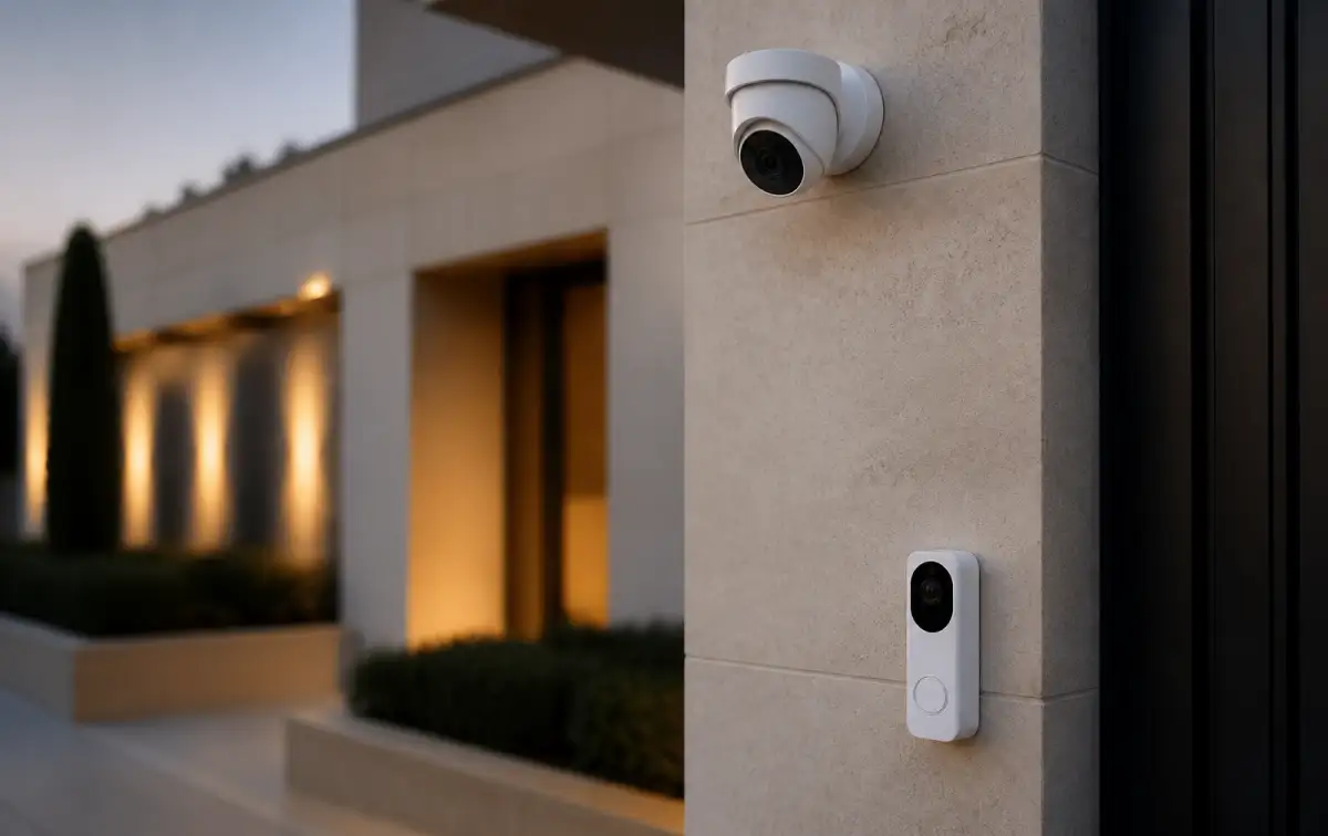 Modern IP security camera mounted under an eave on a house facade