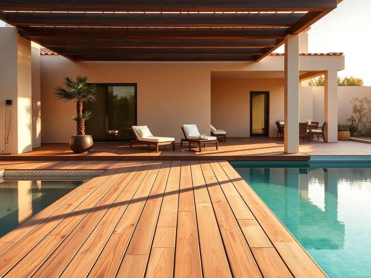 Composite decking boards on a Mediterranean terrace beside a pool at golden hour