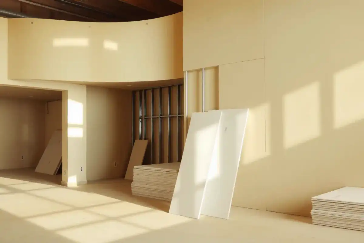 Stacked plasterboard panels beside a steel stud partition frame in a bright construction interior