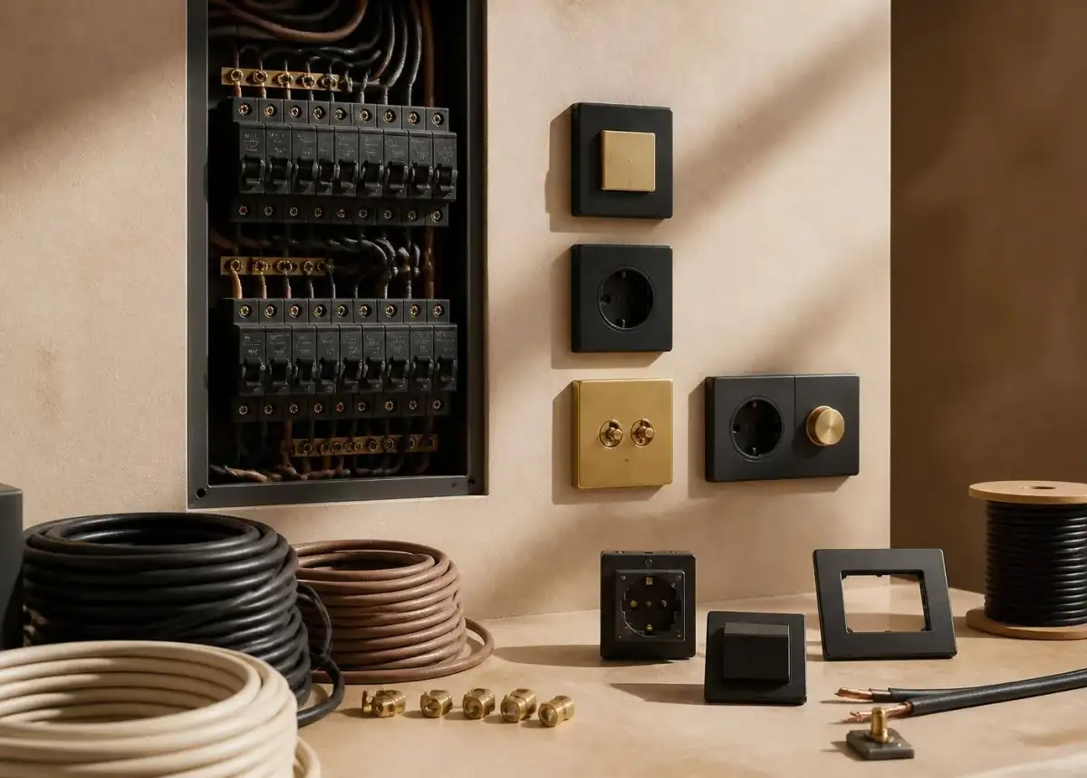 Distribution panel with breakers beside matte black and brass sockets, switches and cable coils