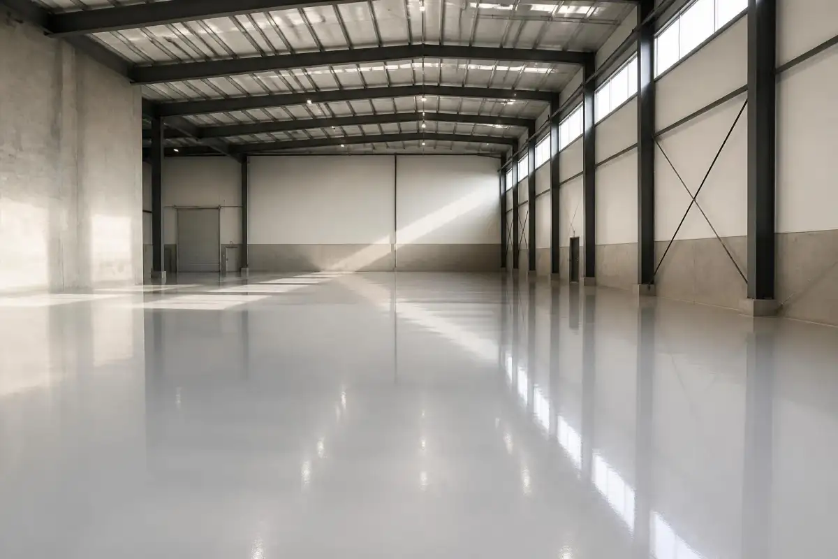 Seamless glossy grey epoxy resin floor in a large modern warehouse lit by clerestory windows
