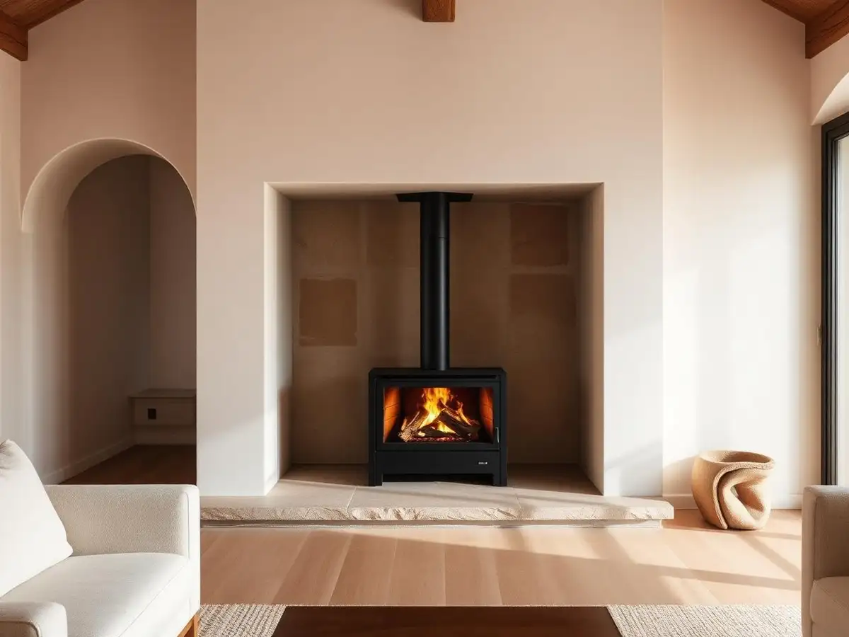 Modern black steel wood-burning stove in a warm minimal Mediterranean living room