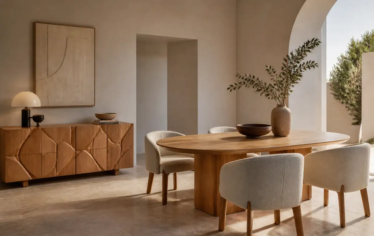 Warm minimal living room with a tailored sofa, coffee table and layered furniture