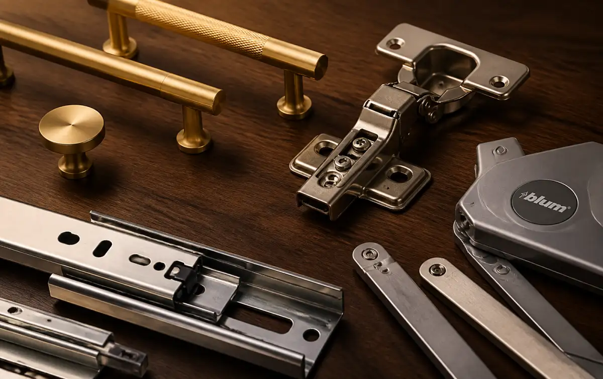 Close-up of soft-close cabinet hinges and drawer runners laid out on a workbench
