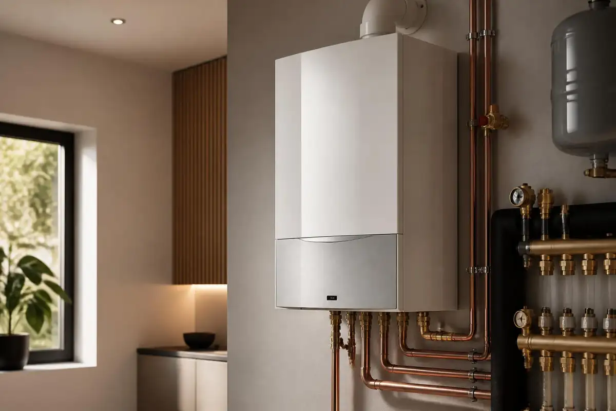 Wall-hung gas condensing boiler with copper pipework and brass manifolds in a clean utility room