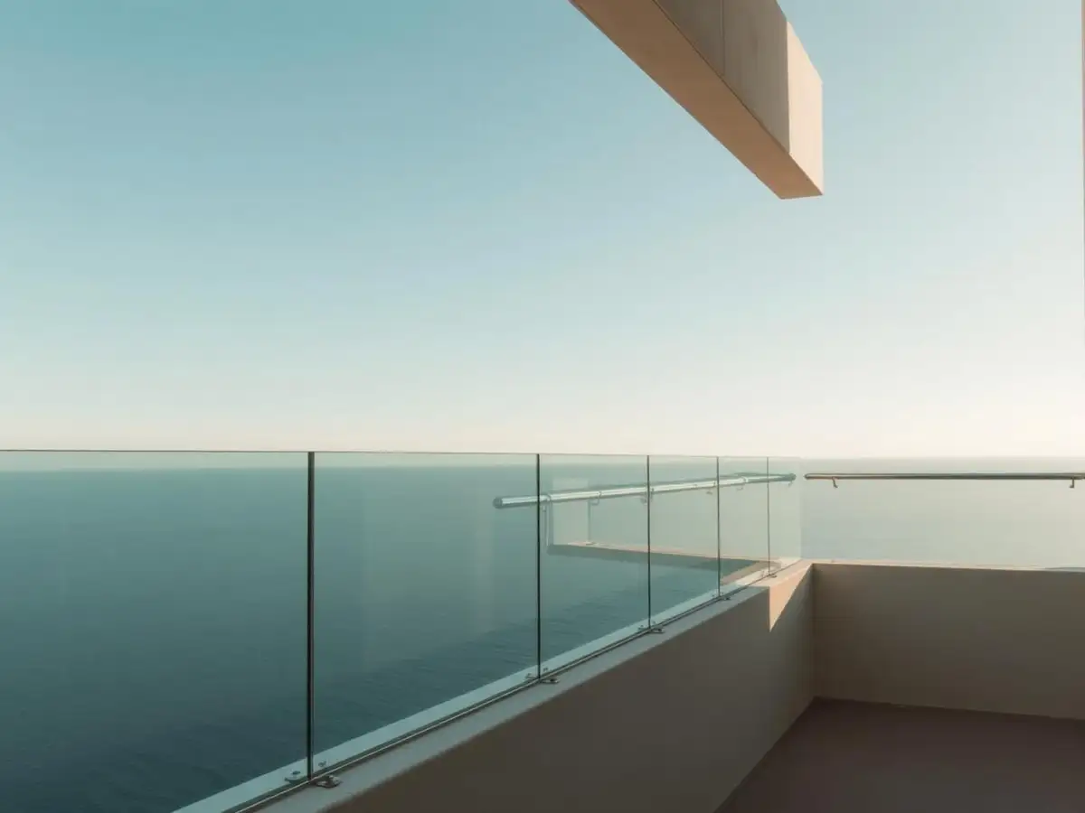 Frameless glass balustrade with slim stainless handrail on a minimal balcony over the sea