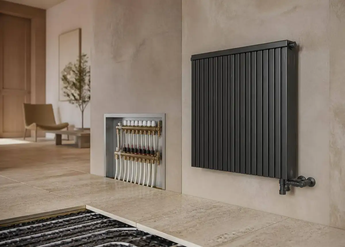Designer radiator and underfloor heating manifold in a warm minimal interior