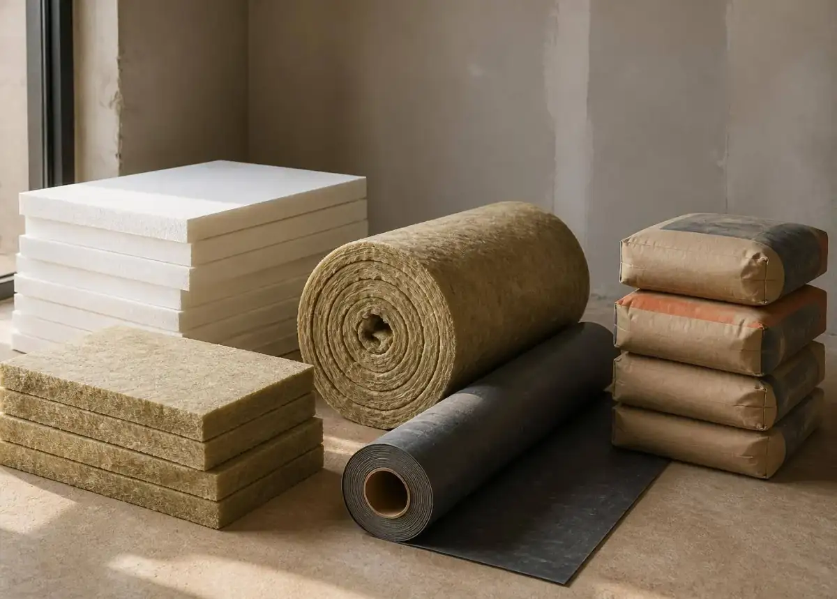 Insulation boards, mineral wool roll, waterproofing membrane and cement adhesive bags on a concrete floor