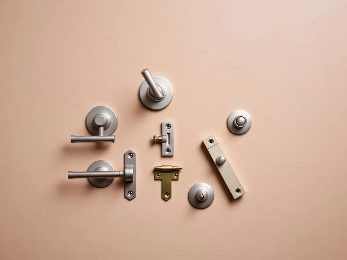 Architectural door hardware, lever handles, hinges and locks laid out on a warm stone surface