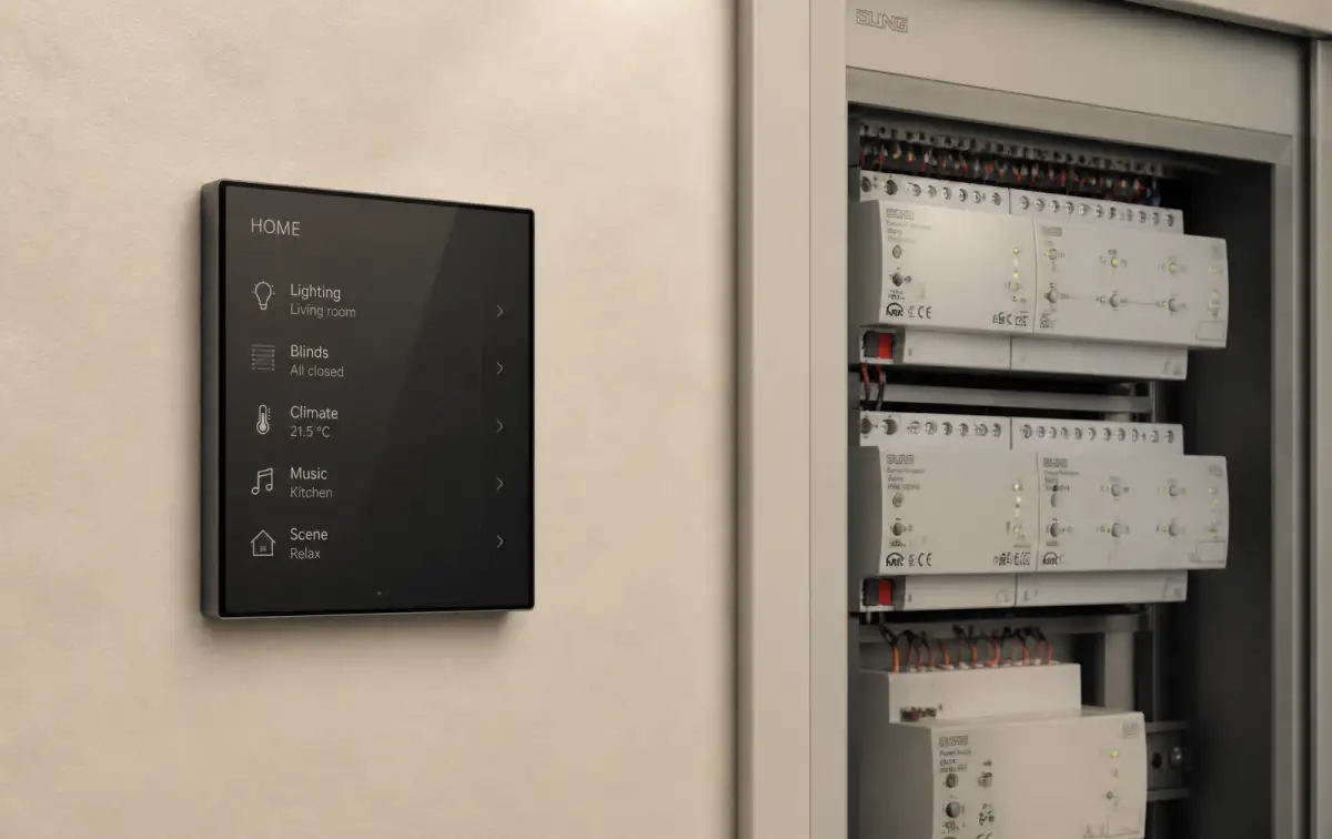 Sleek KNX touch panel controlling lighting and blinds mounted on an interior wall