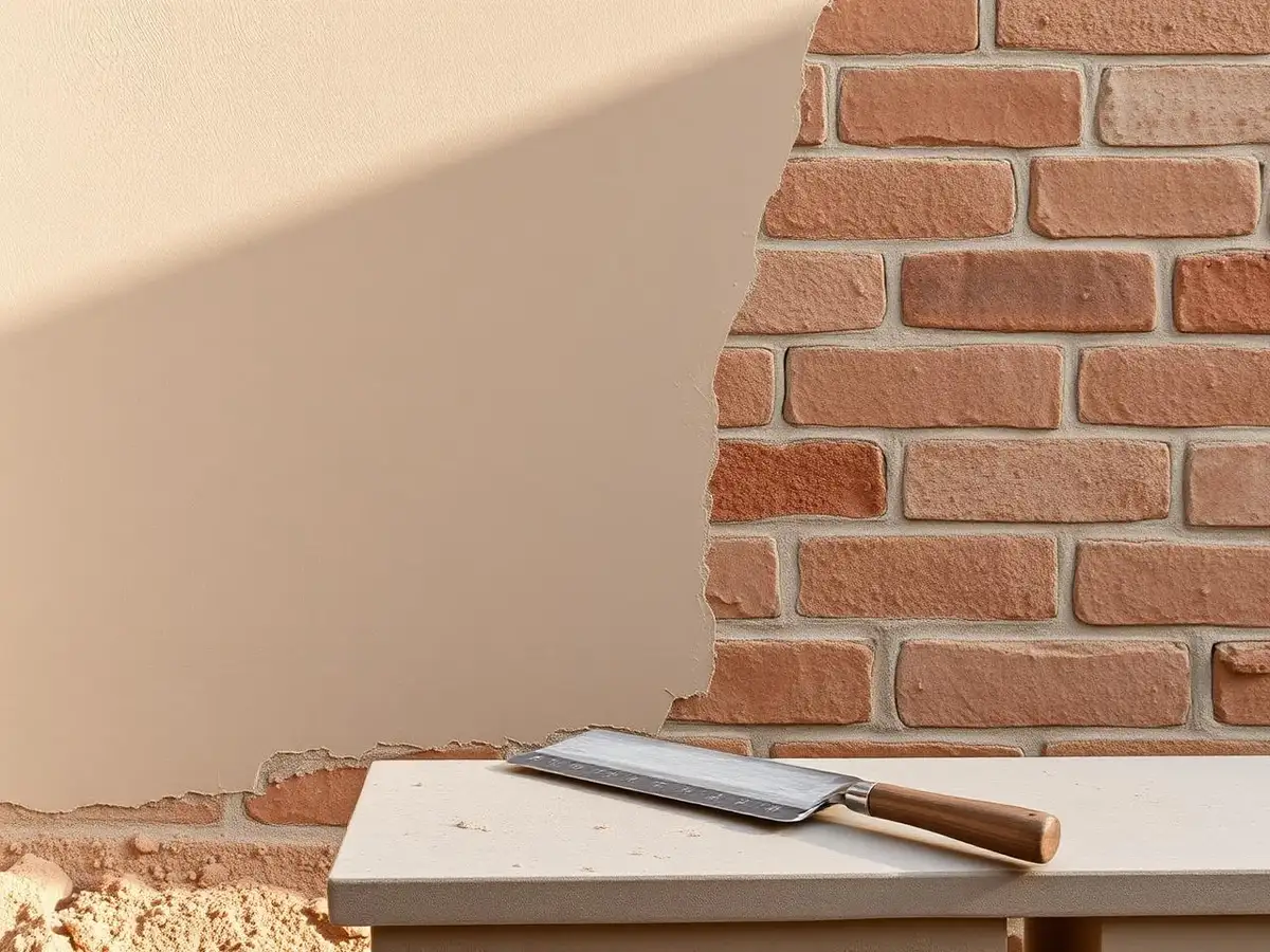 Rendered plaster wall meeting clay blockwork on a tidy Mediterranean building site