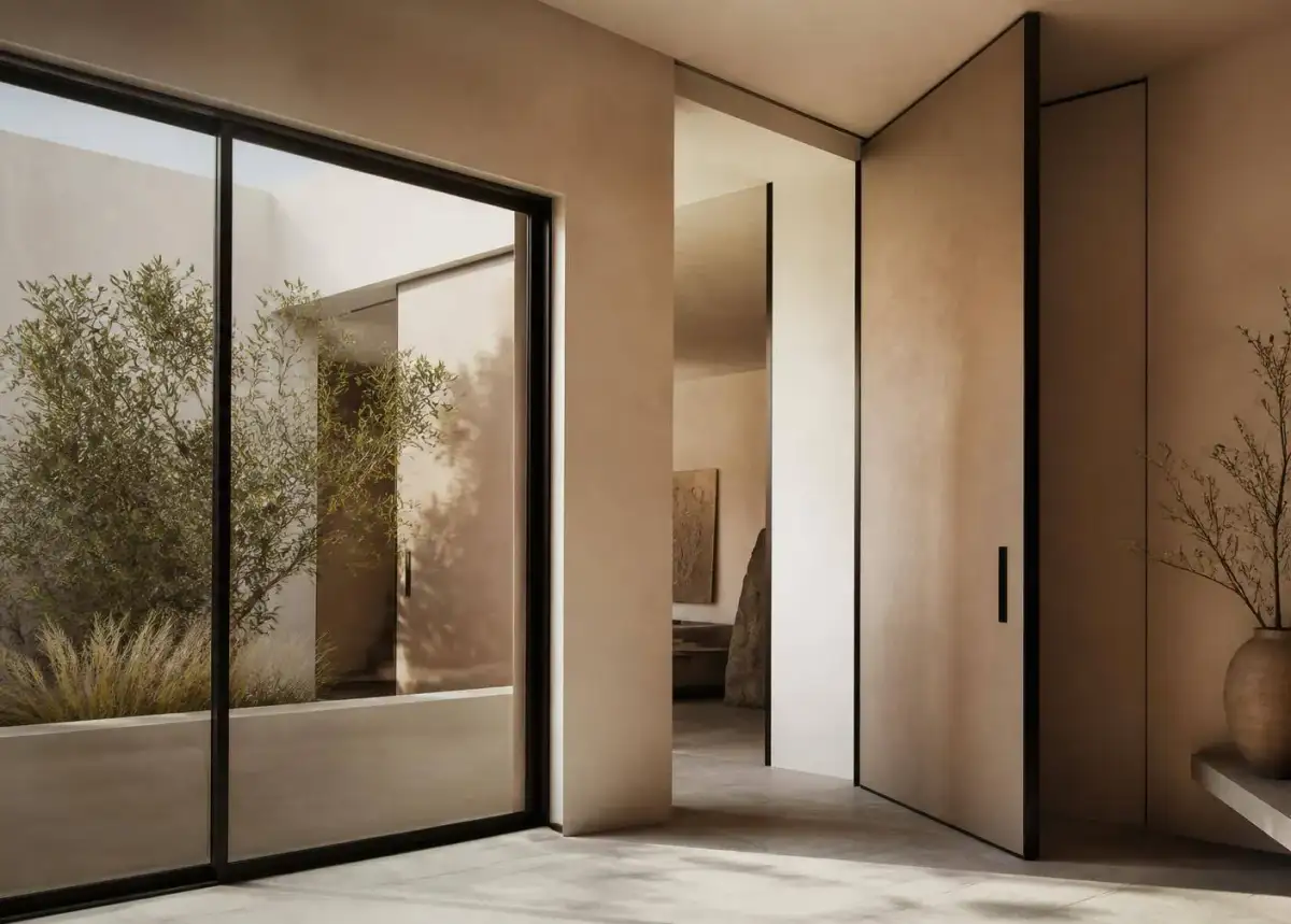 Slim black aluminium sliding window and tall pivot door in a warm plaster interior