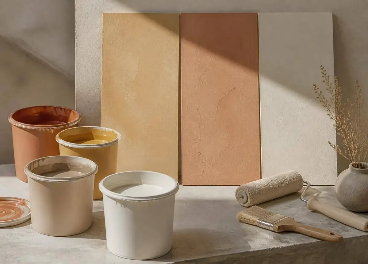 Paint buckets in earthy tones beside brushed plaster sample boards, roller and brush