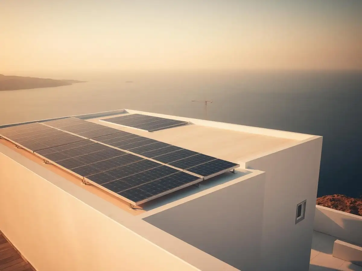Photovoltaic panel array on a flat modern rooftop overlooking the Aegean at late daylight