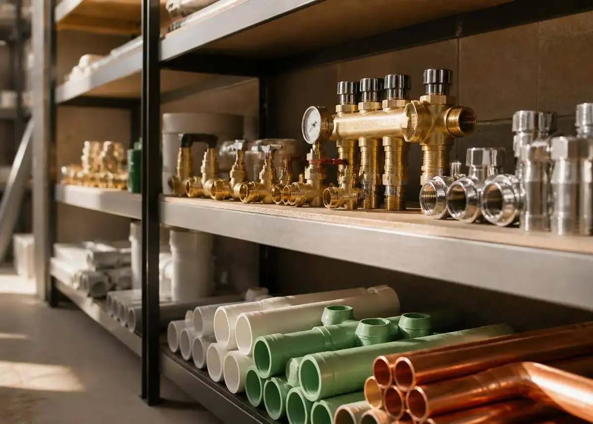 Warehouse shelving with brass plumbing fittings, manifolds and copper and PPR pipework