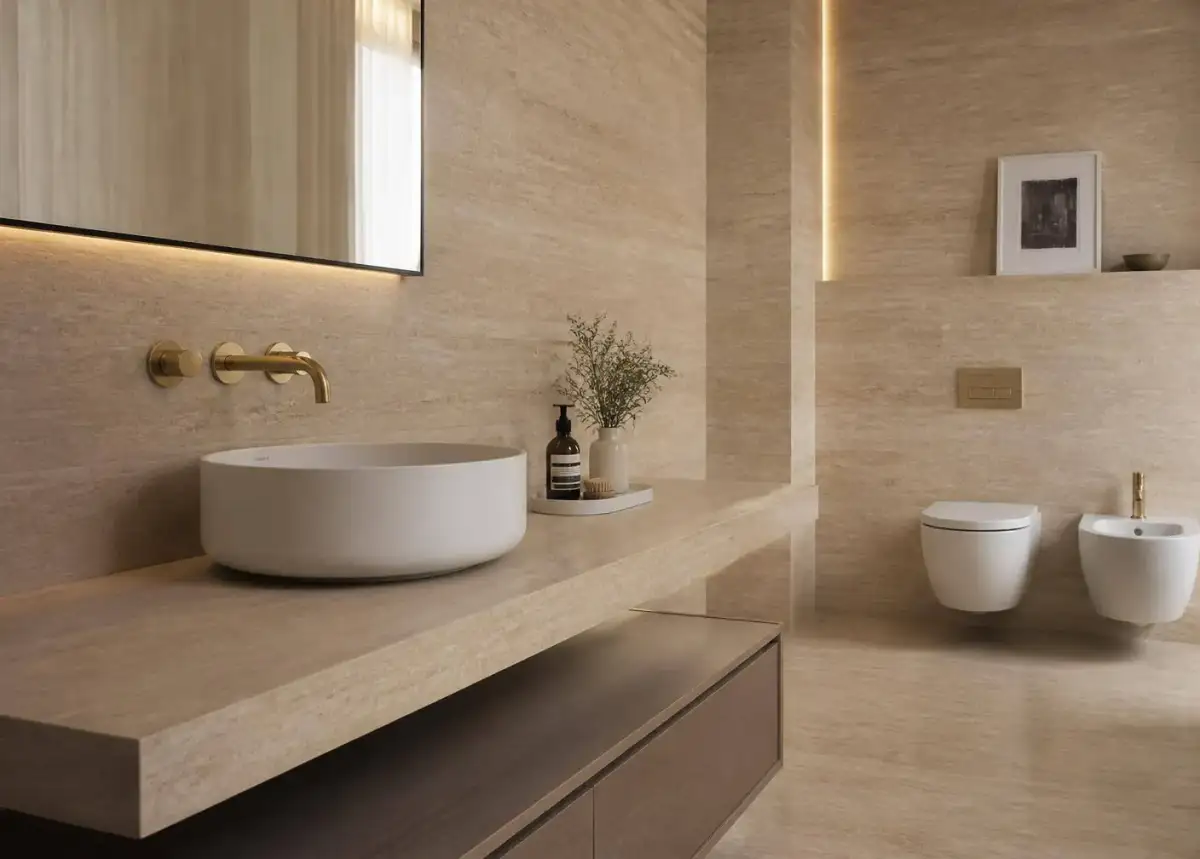 Matte ceramic washbasin with brushed brass tap in a travertine bathroom