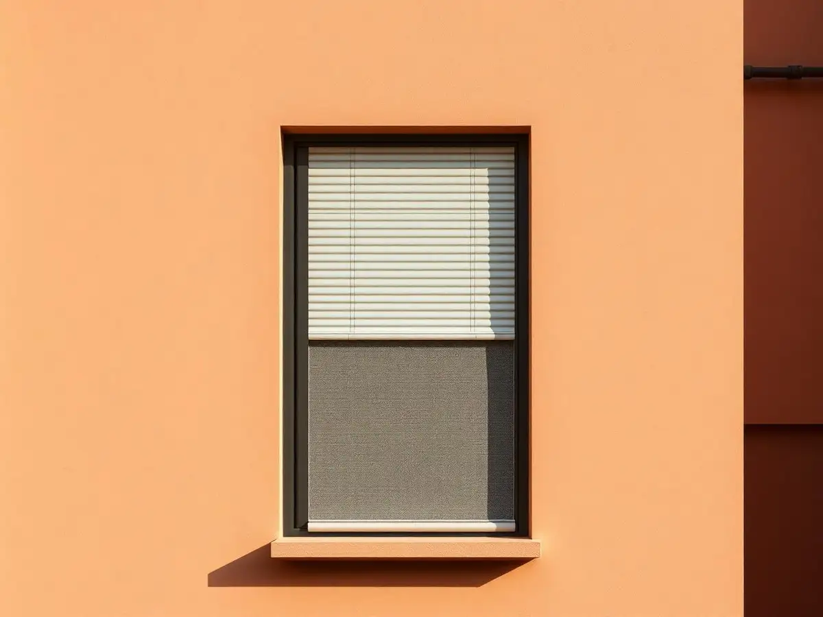 Aluminium roller shutter and insect screen on a large window in a warm plaster facade