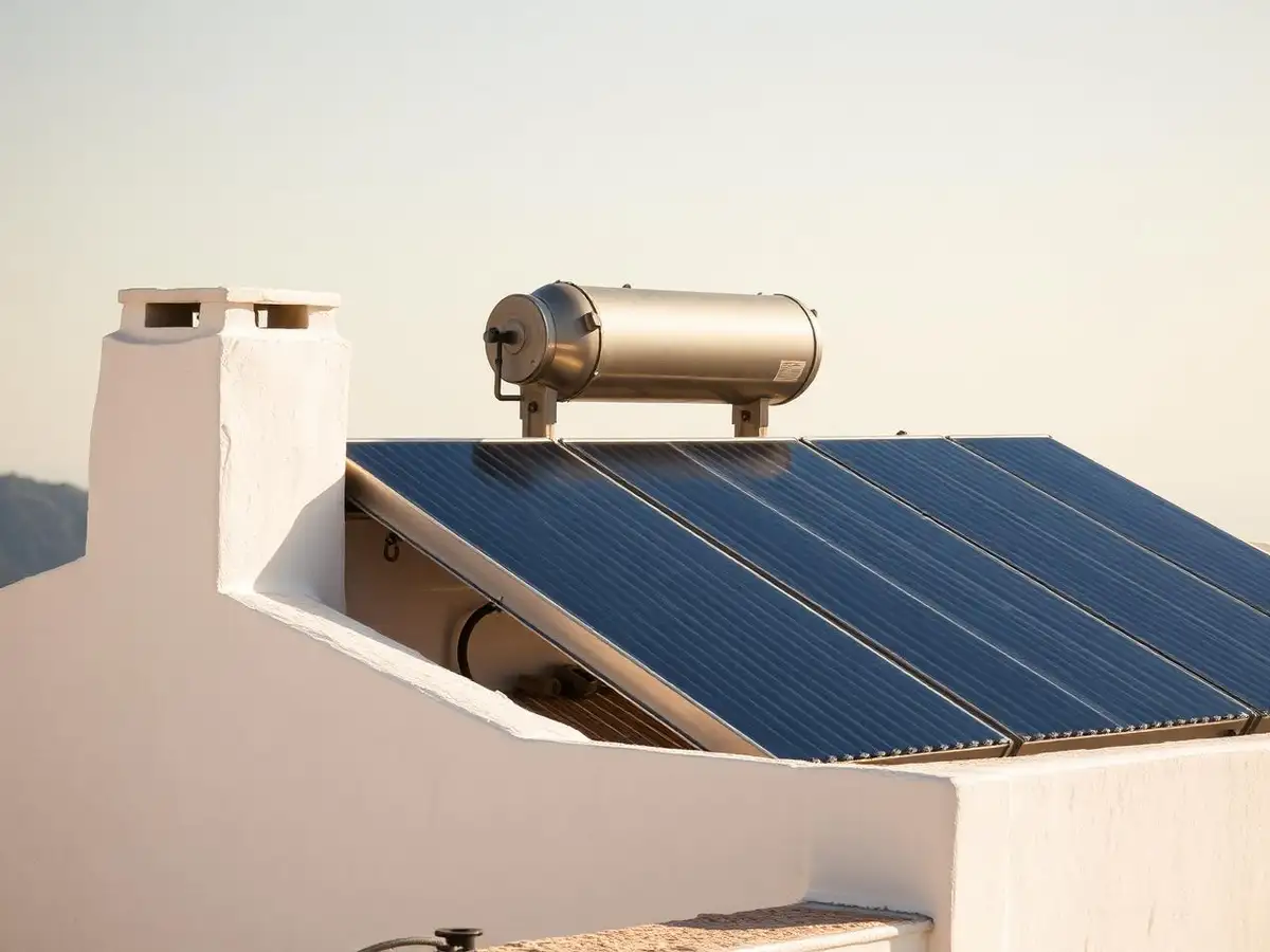 Solar thermal collectors and cylinder on a whitewashed Mediterranean rooftop