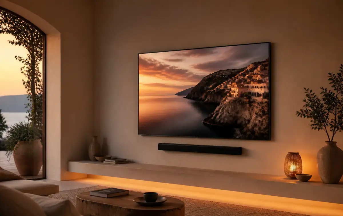 Large OLED television mounted flush on a feature wall in a modern living room