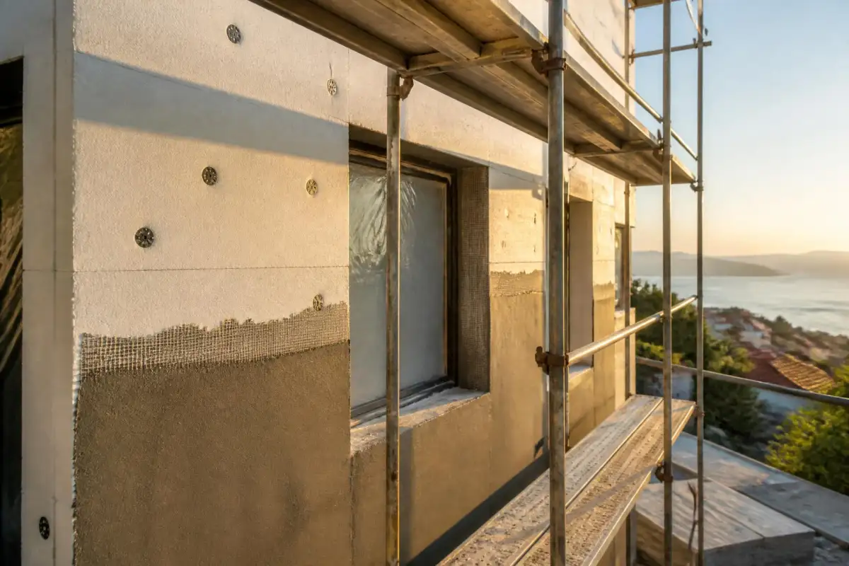 External thermal insulation boards being rendered on a modern facade with scaffolding at golden hour