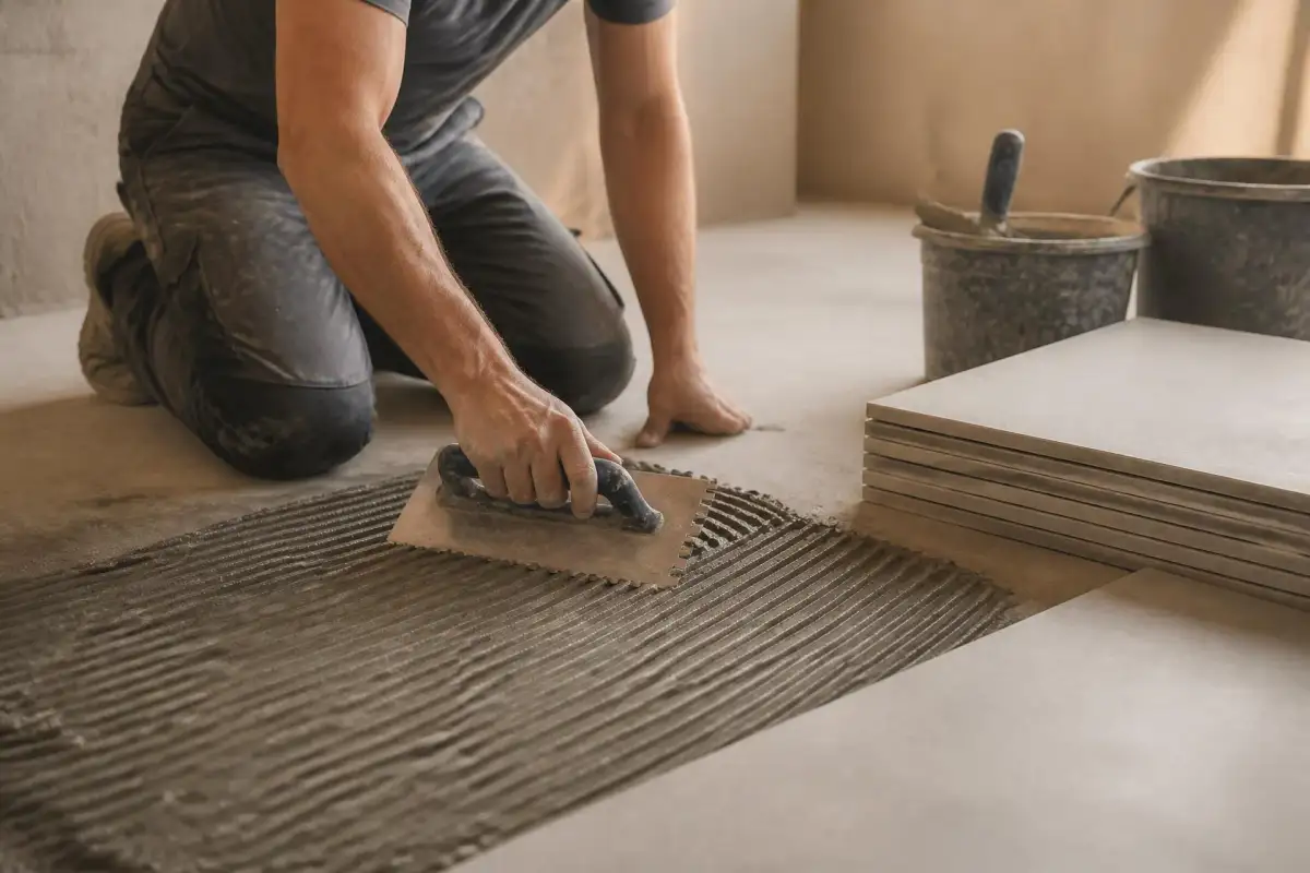 Tiler combing grey tile adhesive with a notched trowel beside stacked large-format porcelain tiles