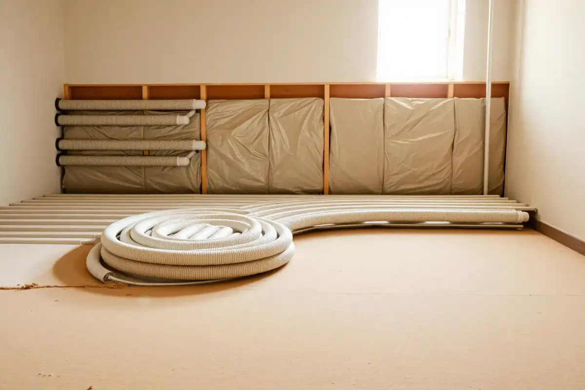 Rows of white underfloor heating pipes laid on insulation panels before screeding