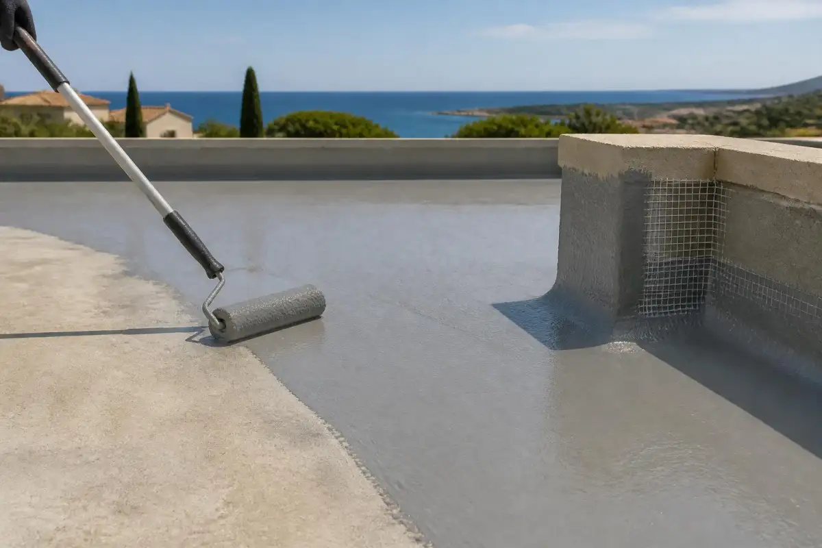 Liquid waterproofing membrane roller-applied on a concrete rooftop terrace with a reinforced upstand detail