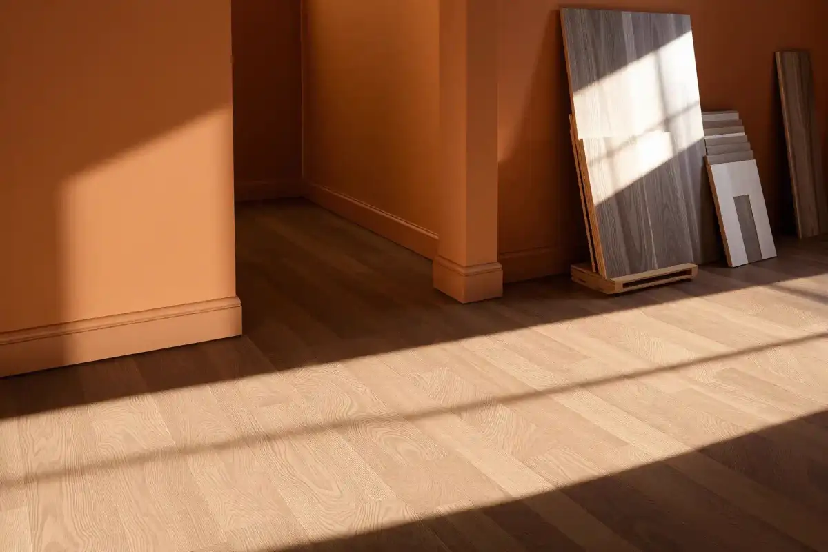 Wide-plank herringbone oak floor catching raking light beside stacked flooring samples