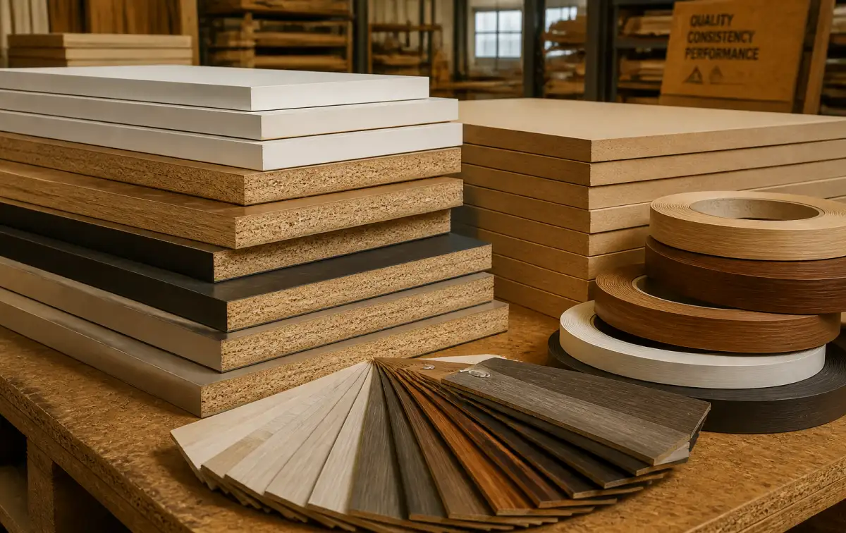 Stacked melamine and MDF panels in warm wood-grain finishes in a workshop