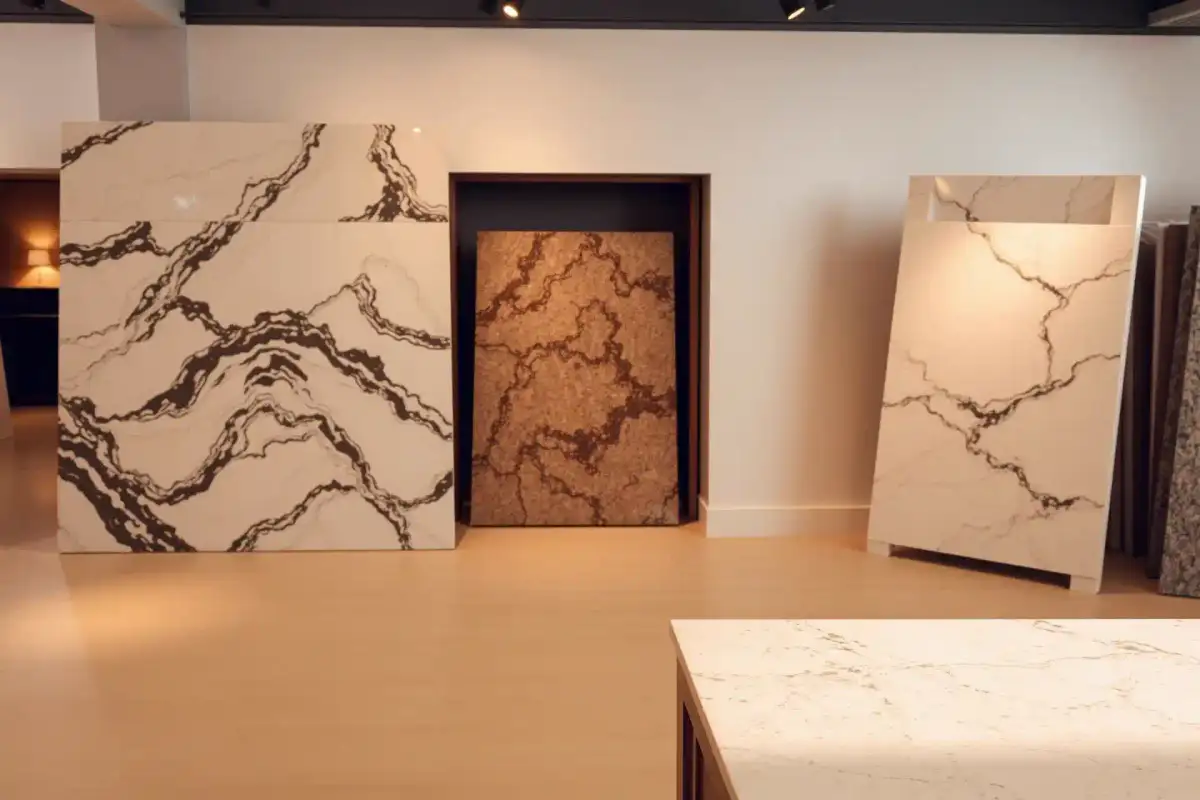 Veined quartz and granite worktop slabs displayed upright in a warm showroom