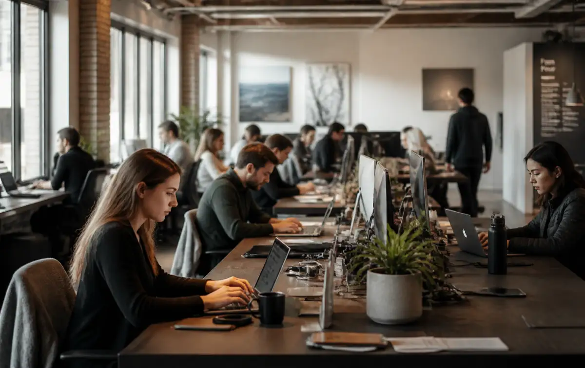 Busy open-plan office with staff at work