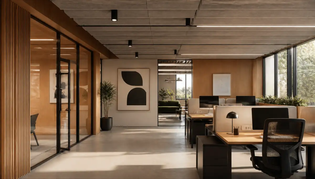 Open-plan office with pale oak joinery and glazed meeting pods
