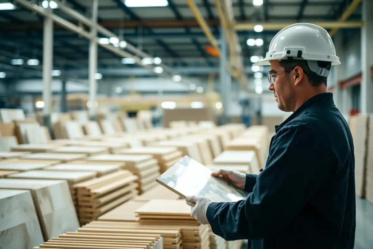 Inspector checking tile production quality inside a factory